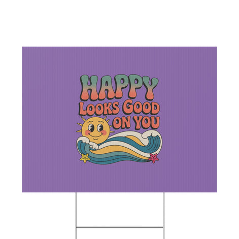 "Happy Looks Good On You" Retro Sun Positive Garden Sign