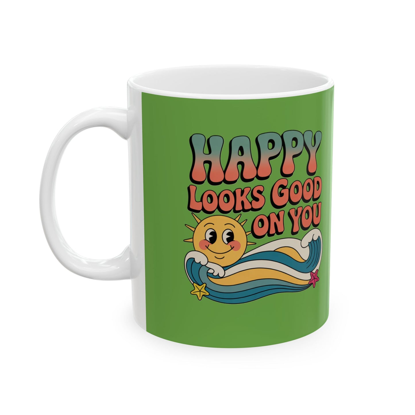 Retro 'Happy Looks Good on You' Ceramic Mug – 11oz & 15oz