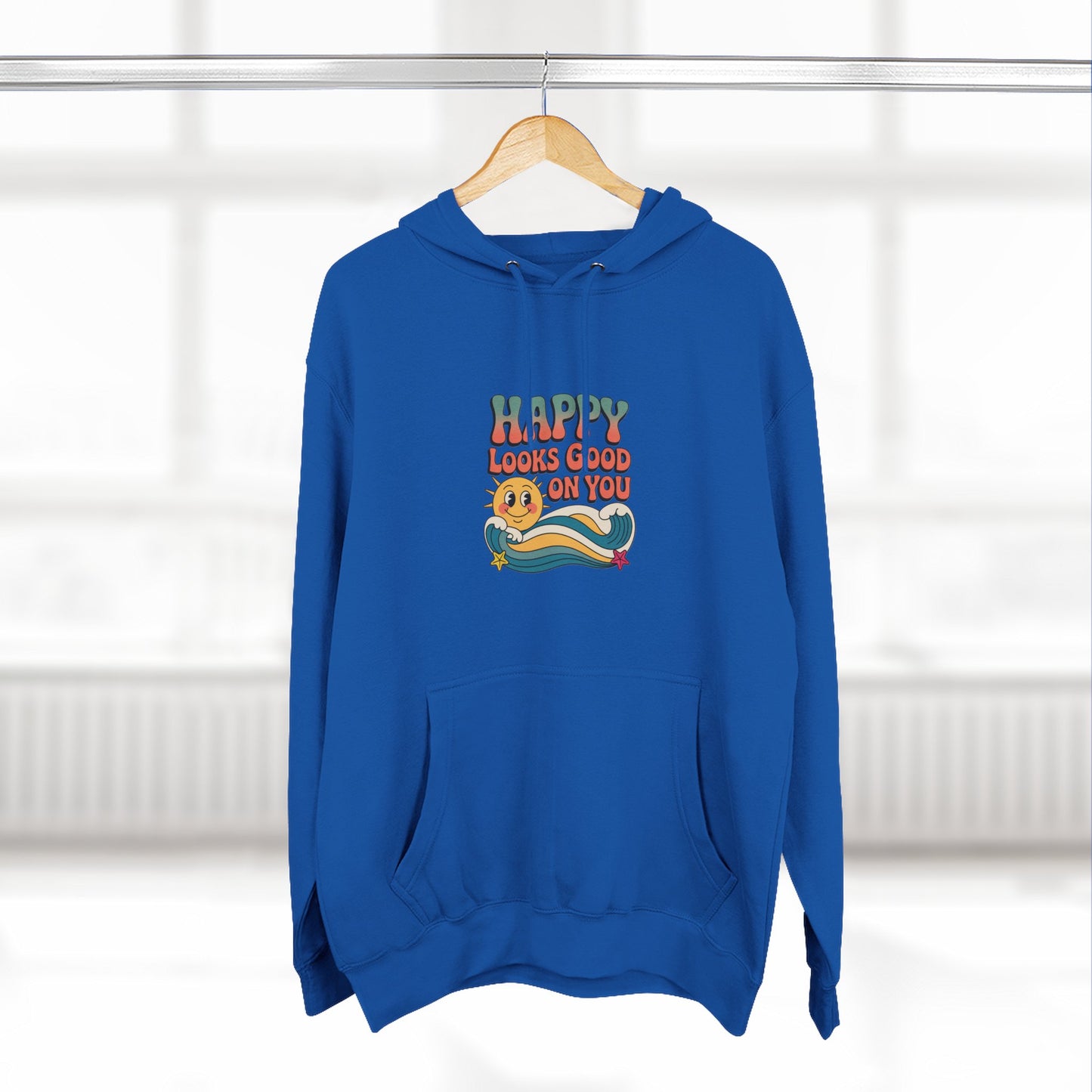 Happy Looks Good On You Hoodie — Retro Smiley Graphic Fleece Pullover
